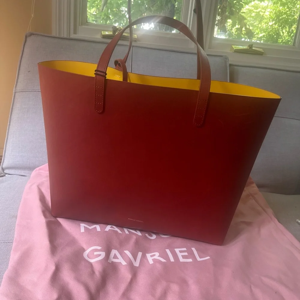 Mansur Gavriel Brown Leather Tote with Yellow Interior and Matching Pouch